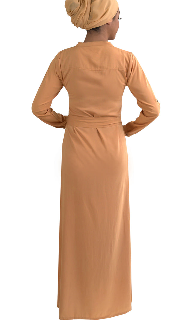 Adina Embroidered Long Maxi Dress Abaya - Beige