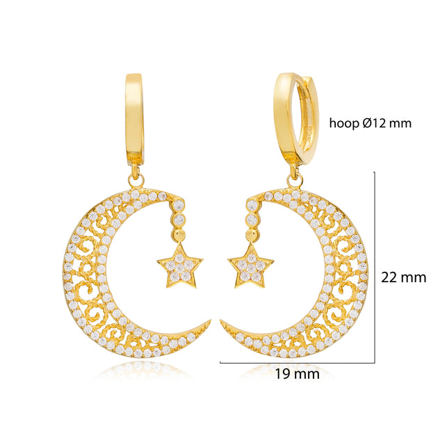 Boucles d'oreilles en filigrane croissant de lune et étoile en argent sterling Alaa - Or