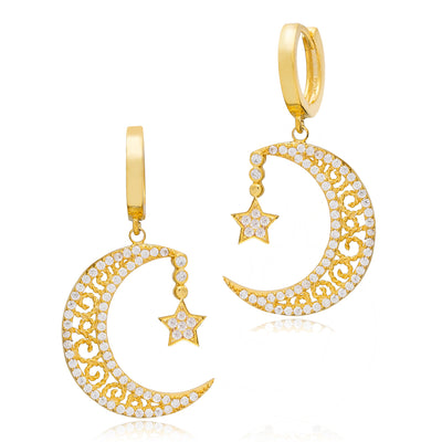 Alaa Sterling Silver Crescent Moon and Star Filigree Earrings - Gold