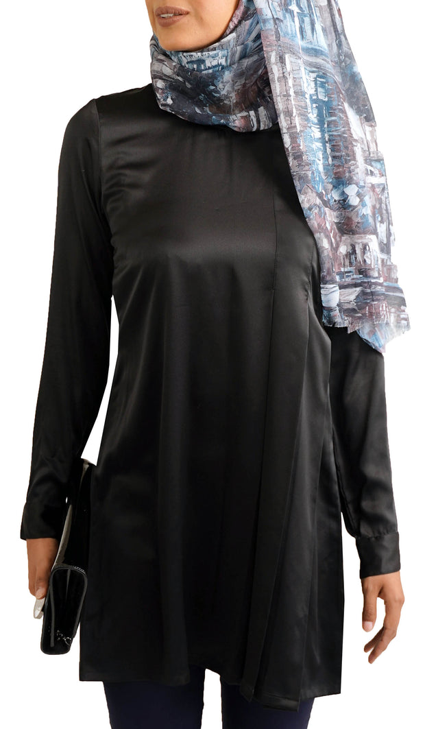 Althea Silky Formal Long Modest Tunic Dress - Black