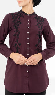 Alvina Embroidered Mostly Cotton Modest Buttondown Shirt - Maroon - FINAL SALE