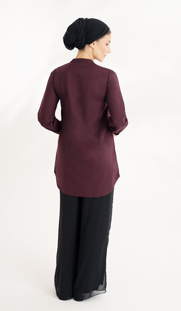 Chemise boutonnée modeste brodée principalement en coton Alvina - Marron 