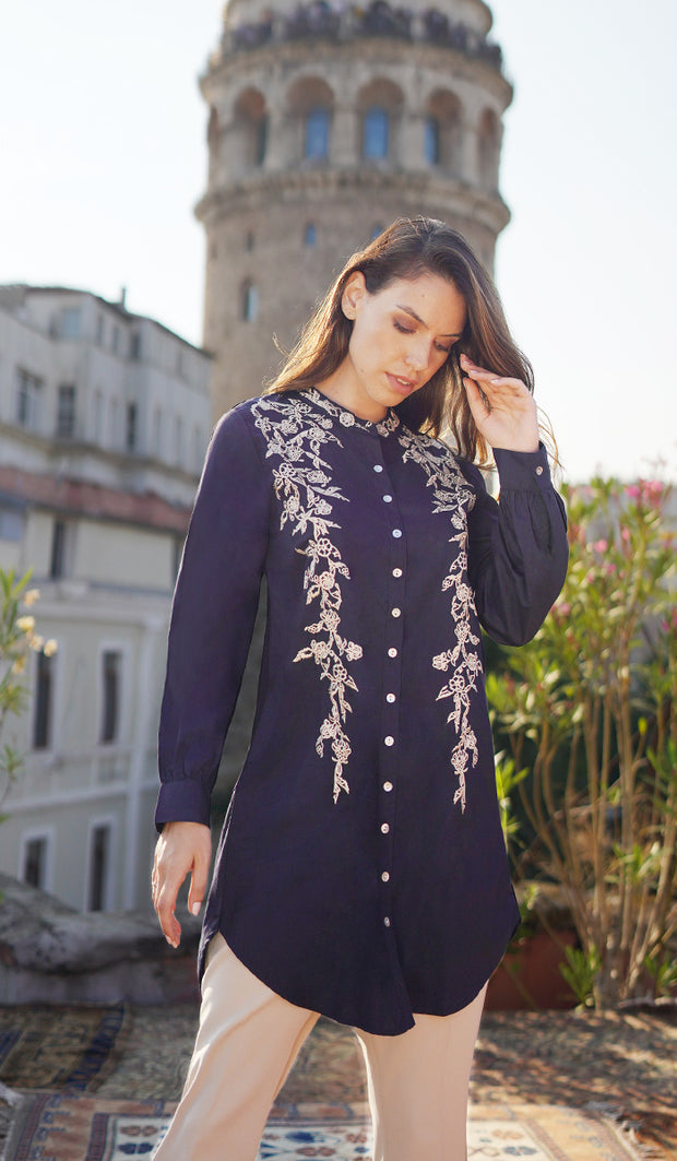 Alvina Embroidered Mostly Cotton Modest Buttondown Shirt - Navy