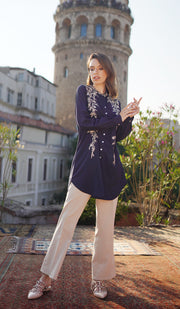 Alvina Embroidered Mostly Cotton Modest Buttondown Shirt - Navy