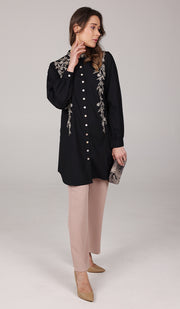 Alvina Embroidered Mostly Cotton Modest Buttondown Shirt - Black - PREORDER (ships in 2 weeks)