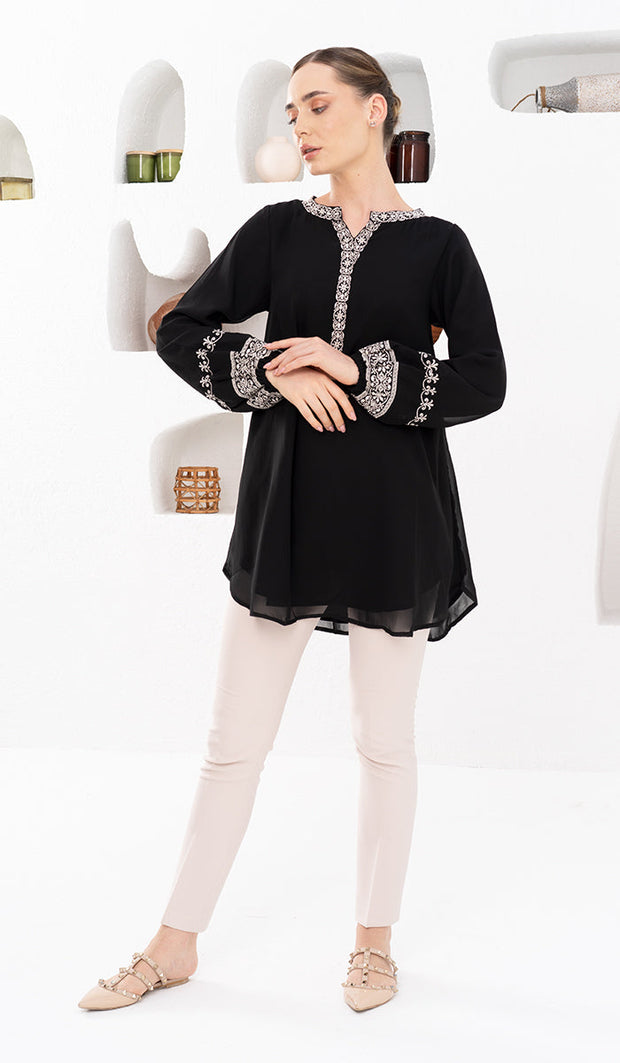 Amalie Embroidered Long Modest Tunic - Black - PREORDER (ships in 2 weeks)