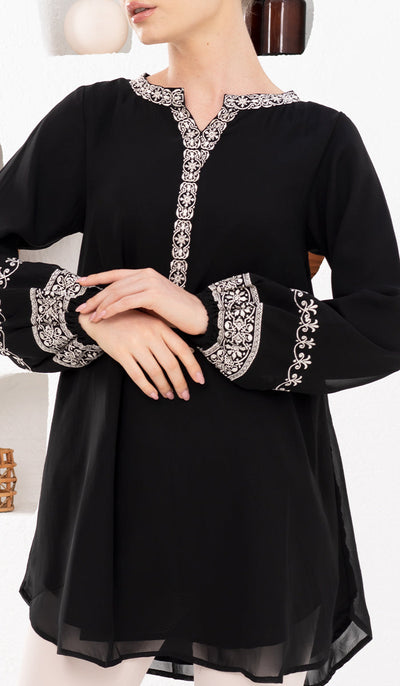 Amalie Embroidered Long Modest Tunic - Black - PREORDER (ships in 2 weeks)
