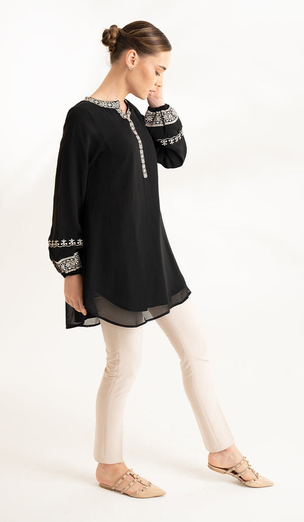 Amalie Embroidered Long Modest Tunic - Black