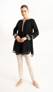 Amalie Embroidered Long Modest Tunic - Black - PREORDER (ships in 2 weeks)