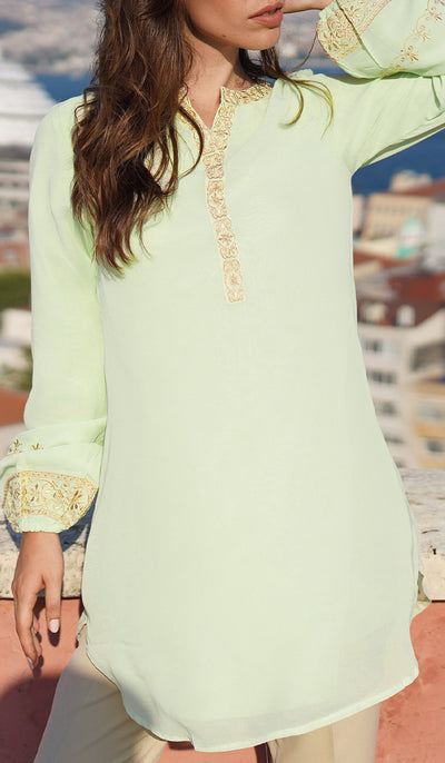 Amalie Embroidered Long Modest Tunic - Pale Green