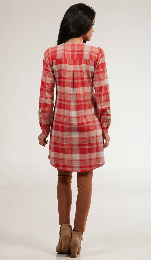 Amara Long Cotton Plaid Embroidered Tunic Dress - Clay