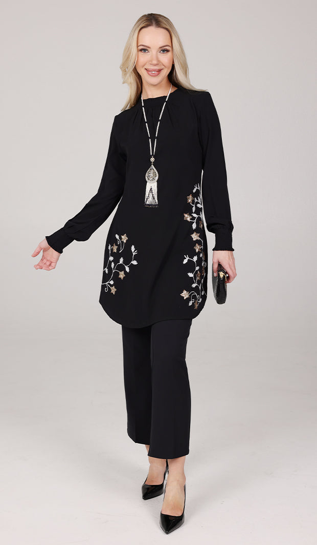 Amina Embroidered Formal Long Modest Tunic - Black