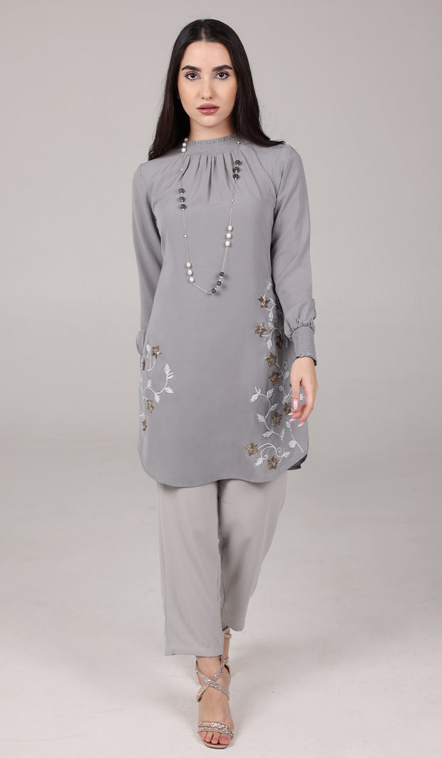 Amina Embroidered Formal Long Modest Tunic - Pearl Gray