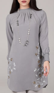 Amina Embroidered Formal Long Modest Tunic - Pearl Gray