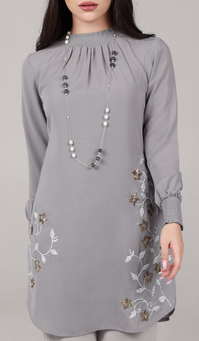 Amina Embroidered Formal Long Modest Tunic - Pearl Gray