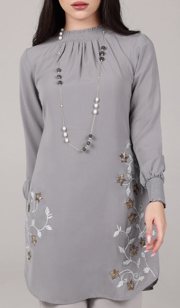 Amina Embroidered Formal Long Modest Tunic - Pearl Gray