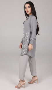 Amina Embroidered Formal Long Modest Tunic - Pearl Gray