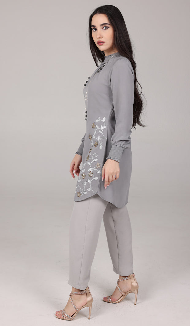 Amina Embroidered Formal Long Modest Tunic - Pearl Gray