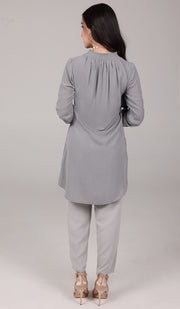 Amina Embroidered Formal Long Modest Tunic - Pearl Gray
