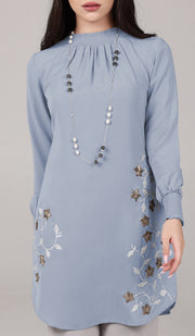 Amina Embroidered Formal Long Modest Tunic - Powder Blue