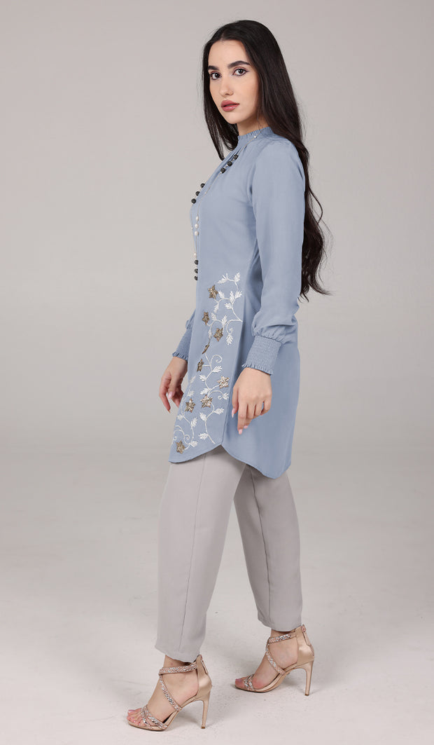 Amina Embroidered Formal Long Modest Tunic - Powder Blue