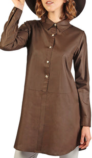 Ani Long Modest Buttondown Tunic Dress - Chocolate Brown