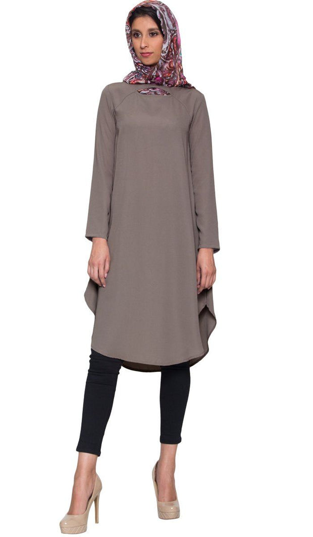 Anila Long Modest Muslim Tunic Dress - Taupe