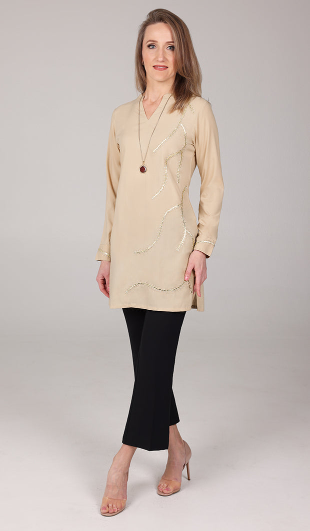 Anjum Gold Embellished Long Modest Tunic - Sand