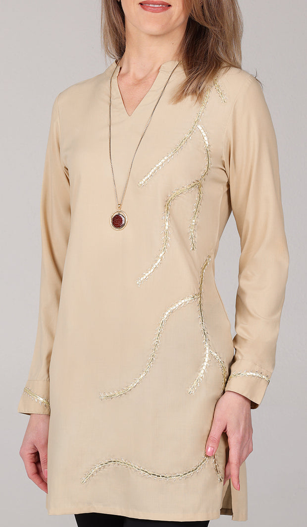 Anjum Gold Embellished Long Modest Tunic - Sand