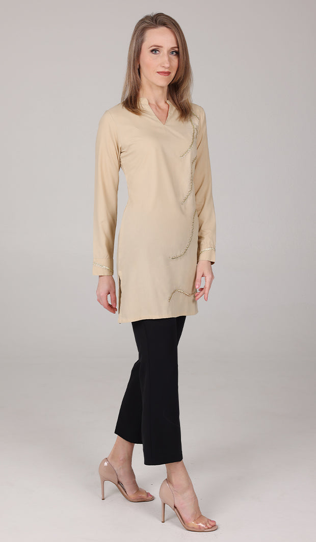 Anjum Gold Embellished Long Modest Tunic - Sand