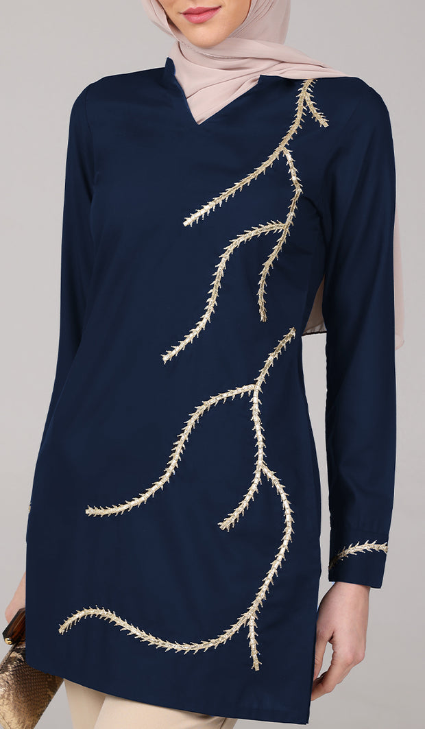 Anjum Gold Embellished Long Modest Tunic - Blue Black