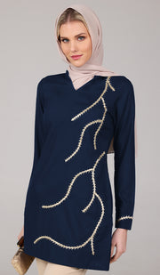 Anjum Gold Embellished Long Modest Tunic - Blue Black