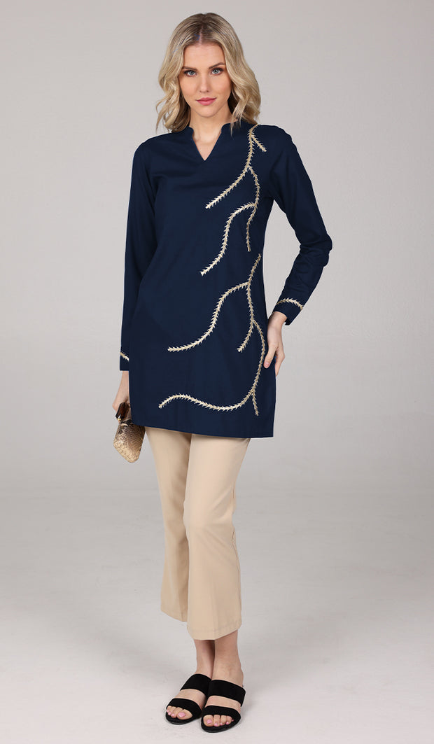 Anjum Gold Embellished Long Modest Tunic - Blue Black