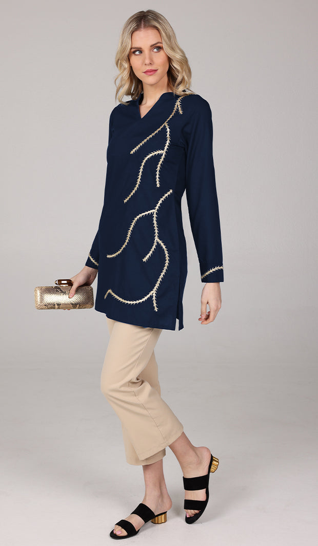 Anjum Gold Embellished Long Modest Tunic - Blue Black