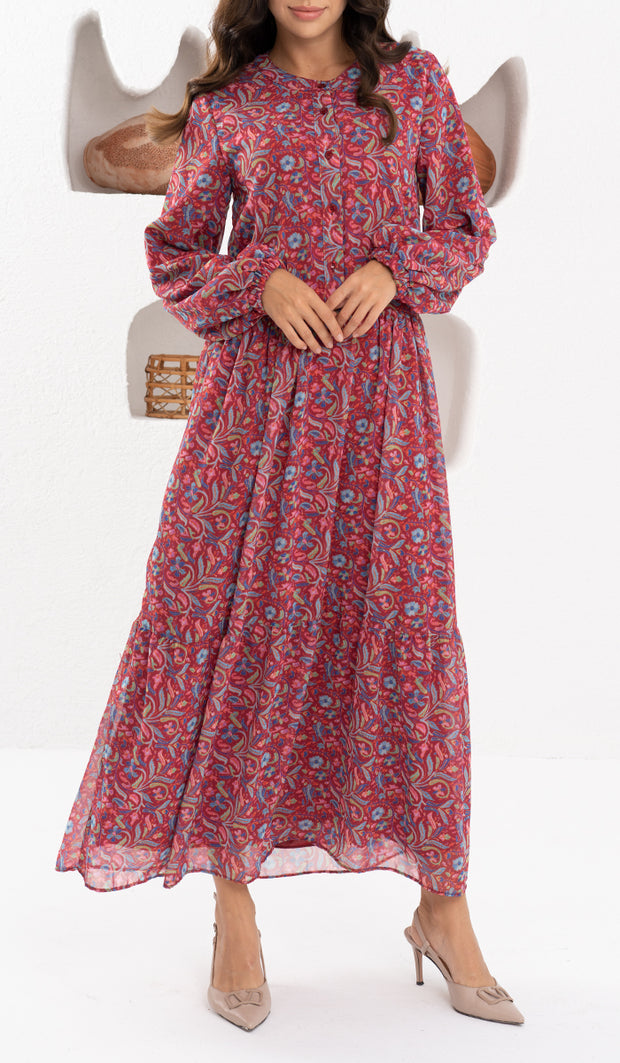 Armine Modest Long Tiered Print Maxi Dress - Maroon - FINAL SALE