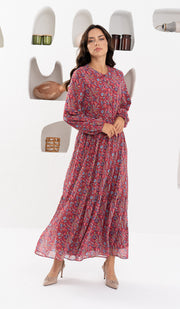 Armine Modest Long Tiered Print Maxi Dress - Maroon - FINAL SALE