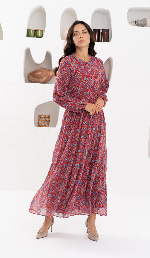 Armine Modest Long Tiered Print Maxi Dress - Maroon - FINAL SALE