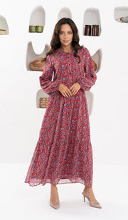 Armine Modest Long Tiered Print Maxi Dress - Maroon - FINAL SALE