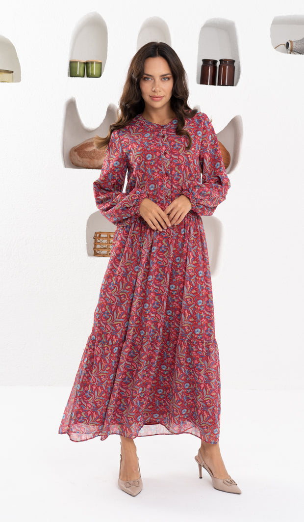 Armine Modest Long Tiered Print Maxi Dress - Maroon - FINAL SALE