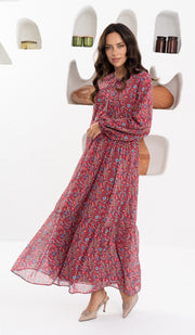 Armine Modest Long Tiered Print Maxi Dress - Maroon - FINAL SALE