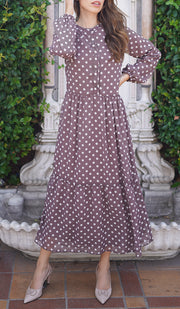 Armine - Robe longue modeste imprimée à plusieurs niveaux - Moka