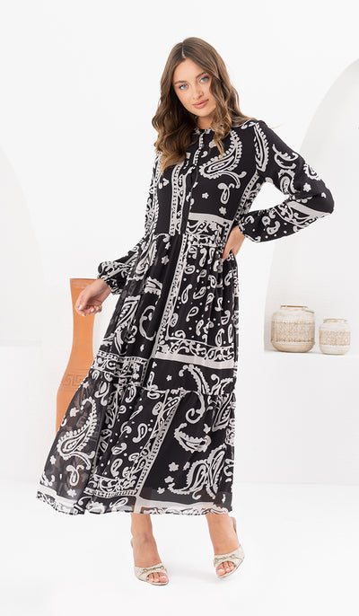 Armine Modest Long Tiered Print Maxi Dress - Black & White
