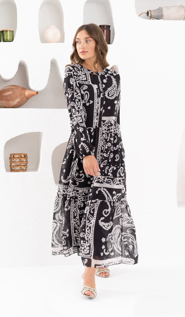 Armine Modest Long Tiered Print Maxi Dress - Black & White