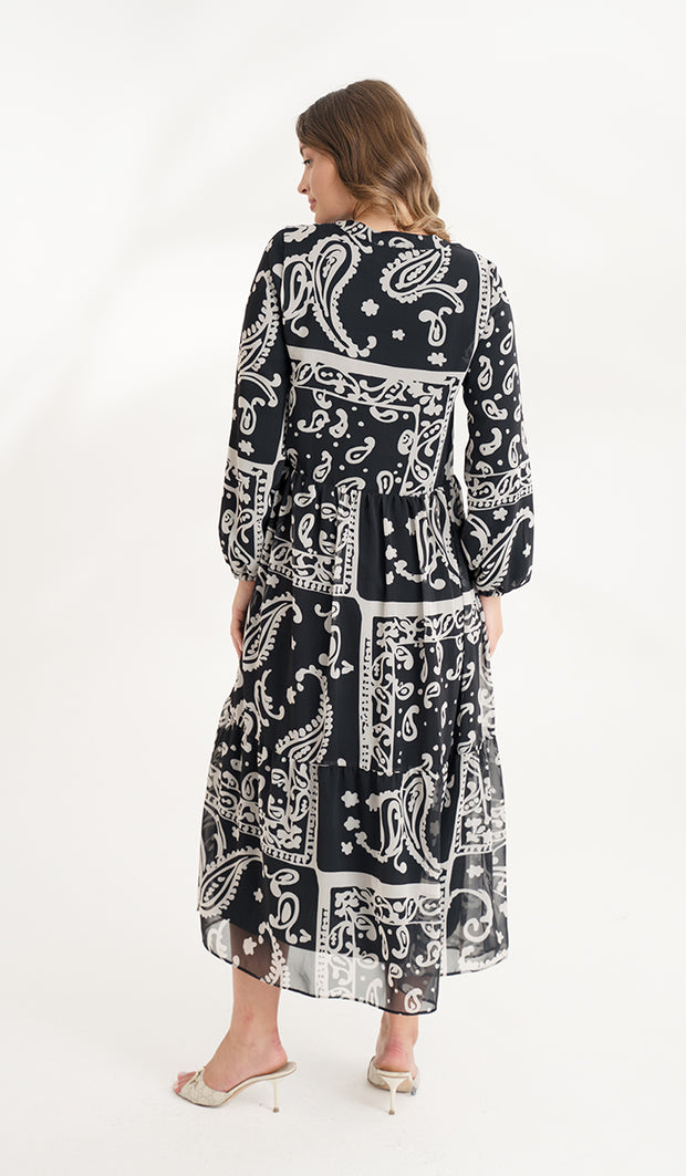 Armine Modest Long Tiered Print Maxi Dress - Black & White