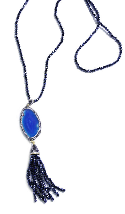 Artisan Natural Geode Tassel Necklace - Dark Blue Agate