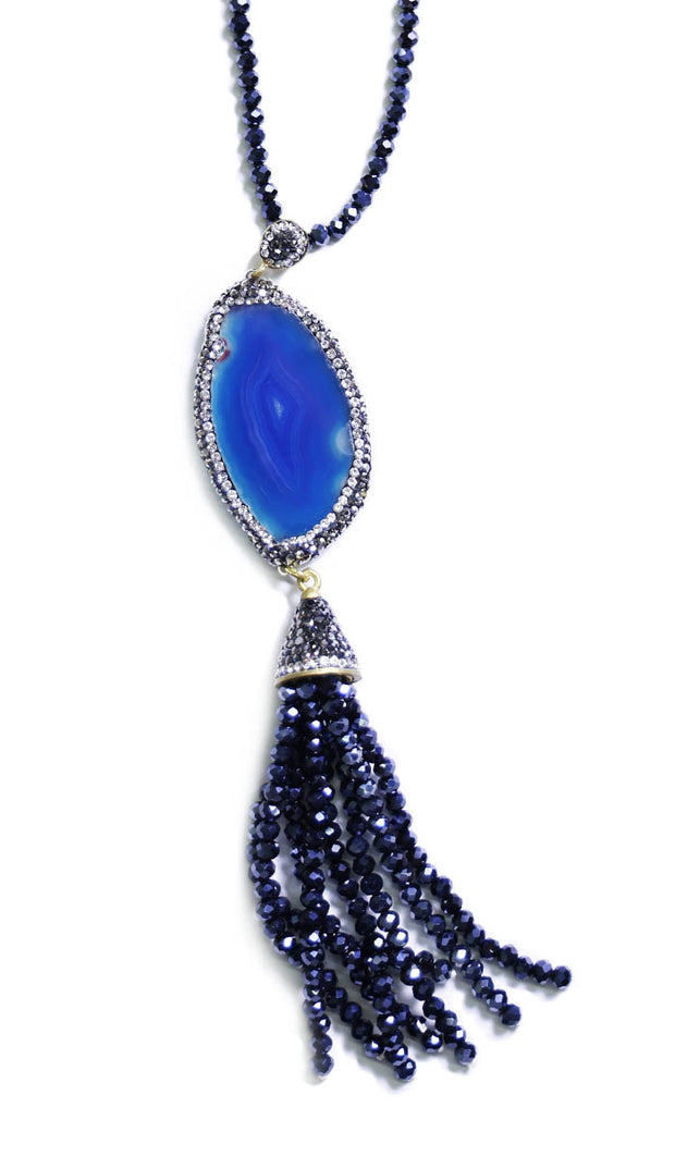 Artisan Natural Geode Tassel Necklace - Dark Blue Agate