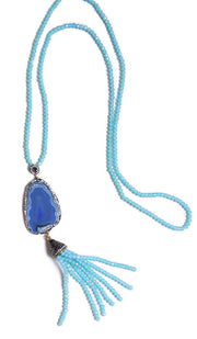 Artisan Natural Geode Tassel Necklace - Sky Blue Agate