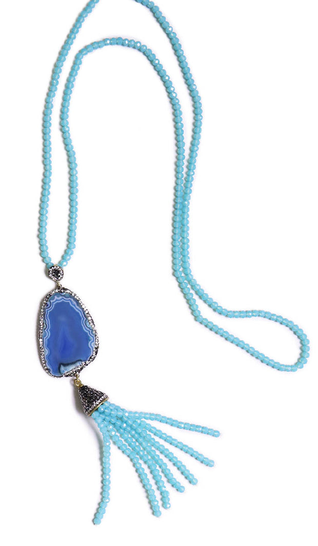 Artisan Natural Geode Tassel Necklace - Sky Blue Agate