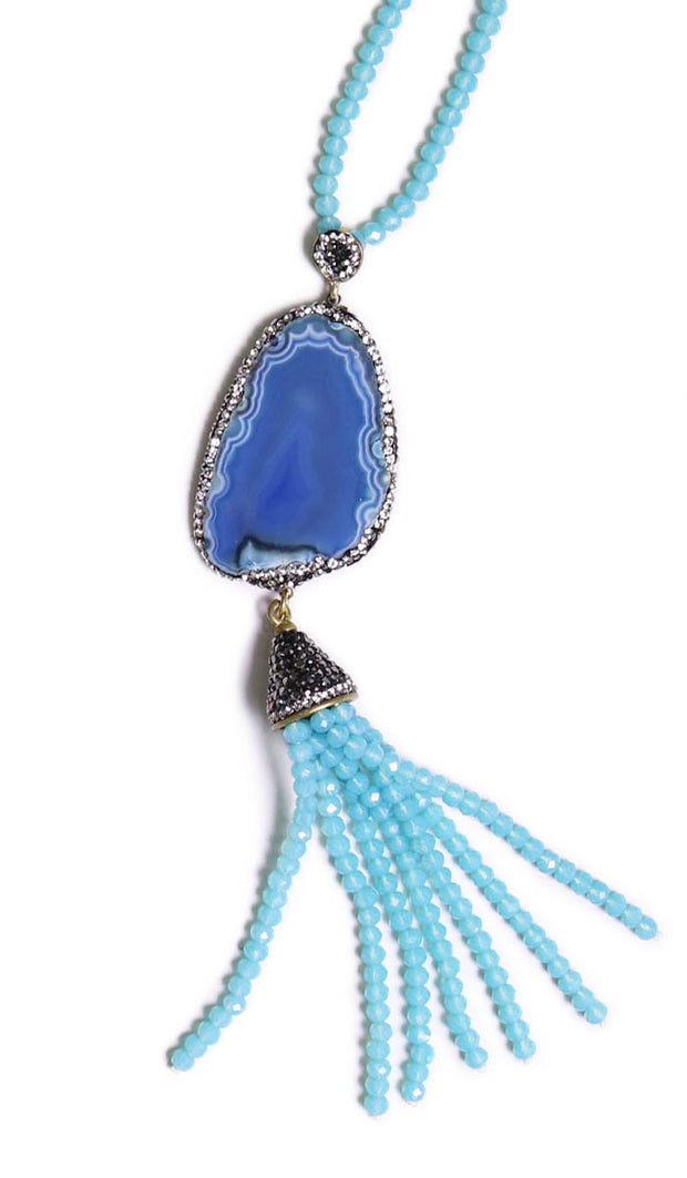 Artisan Natural Geode Tassel Necklace - Sky Blue Agate