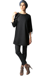 Asfa Long Modest Tunic with Tie Sleeves - Black